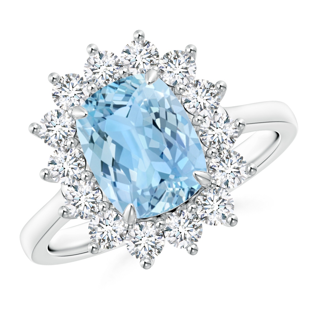 9x7mm AAAA Rectangular Cushion Aquamarine Ring with Diamond Floral Halo in White Gold
