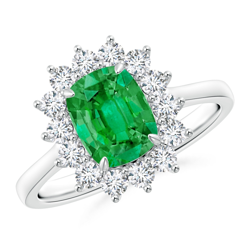 8x6mm AAA Cushion Cut Emerald and Diamond Floral Ring with Claw Set in White Gold 