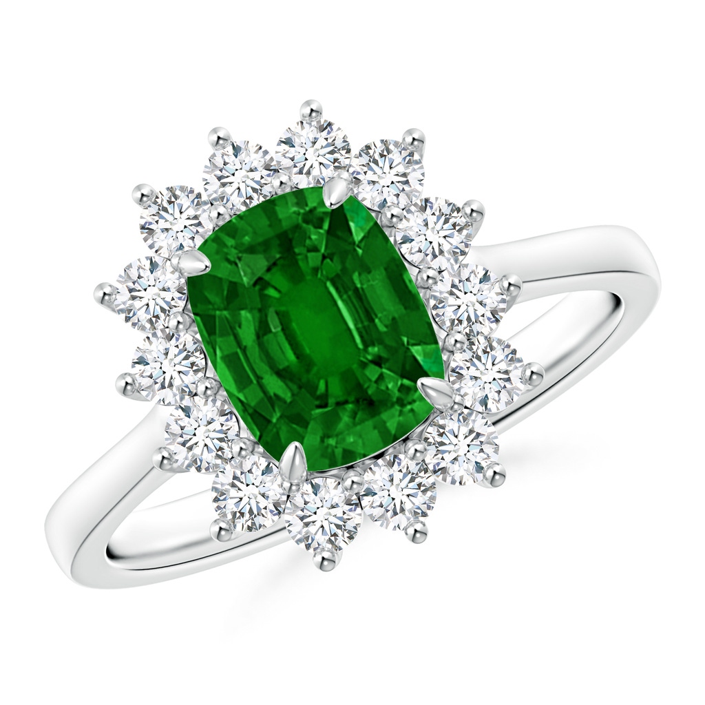 8x6mm AAAA Cushion Cut Emerald and Diamond Floral Ring with Claw Set in White Gold