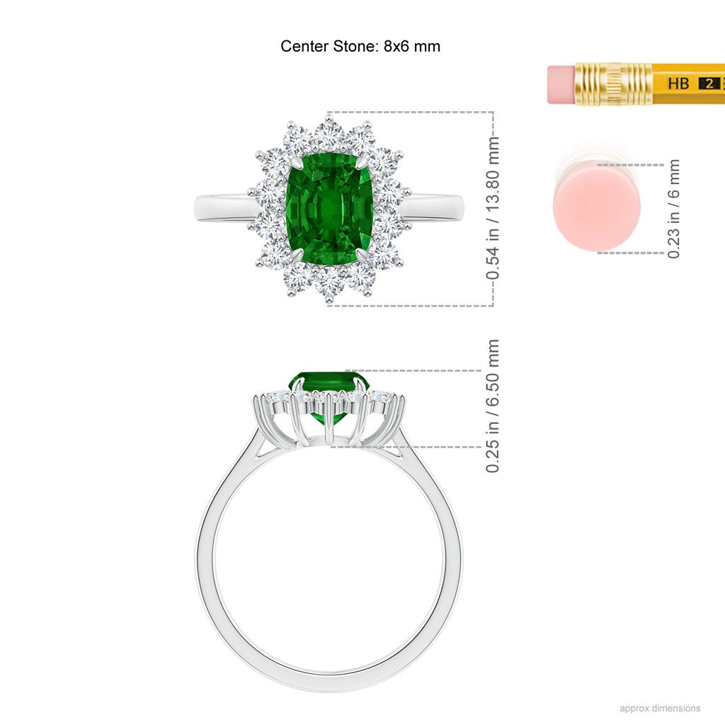 8x6mm AAAA Cushion Cut Emerald and Diamond Floral Ring with Claw Set in White Gold Ruler