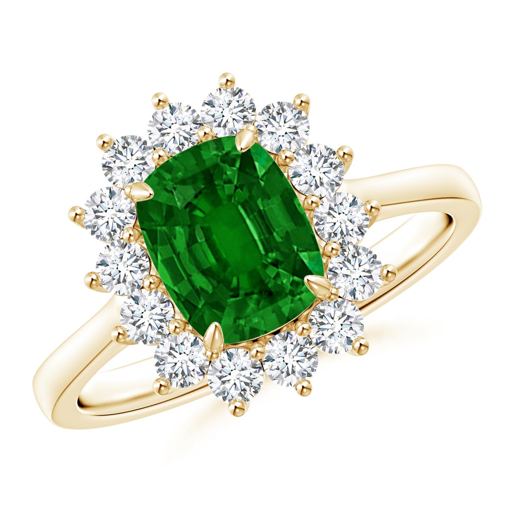 8x6mm AAAA Cushion Cut Emerald and Diamond Floral Ring with Claw Set in Yellow Gold