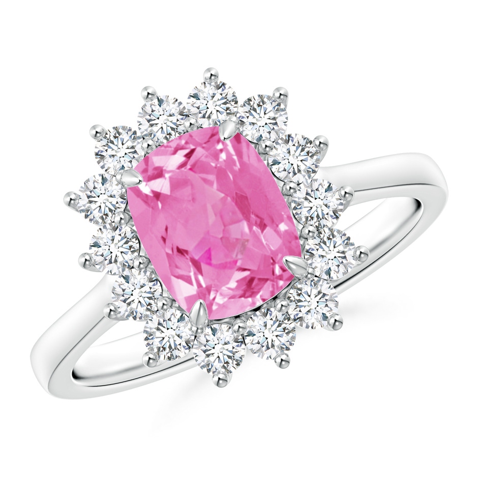 8x6mm AA Cushion Pink Sapphire and Diamond Floral Ring with Claw Set in White Gold 