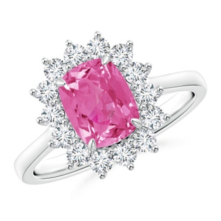 8x6mm AAA Cushion Pink Sapphire and Diamond Floral Ring with Claw Set in White Gold