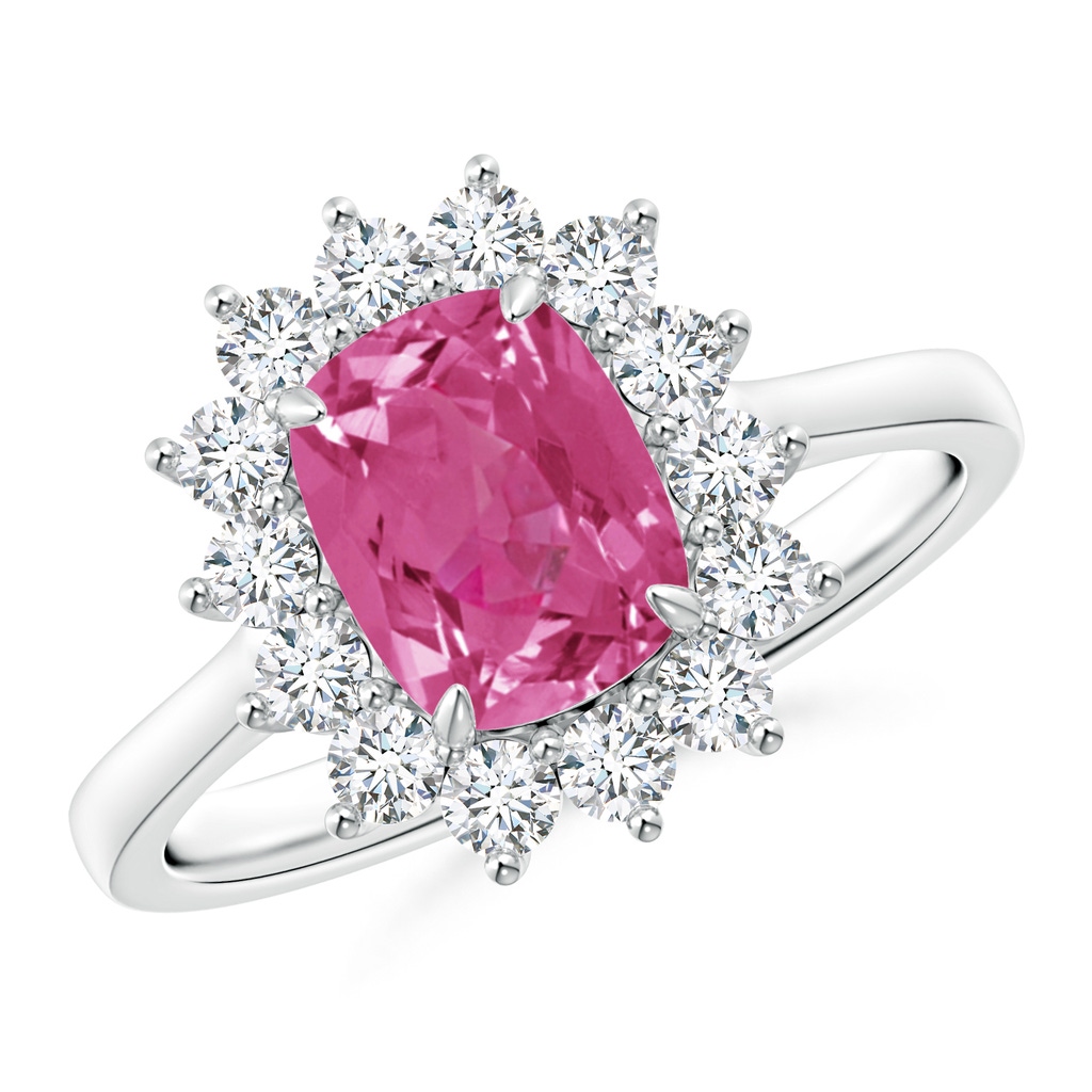 8x6mm AAAA Cushion Pink Sapphire and Diamond Floral Ring with Claw Set in P950 Platinum