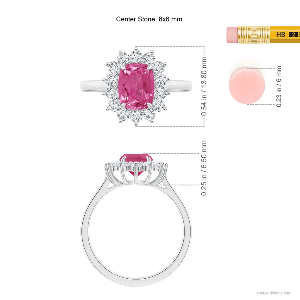 8x6mm AAAA Cushion Pink Sapphire and Diamond Floral Ring with Claw Set in White Gold Ruler