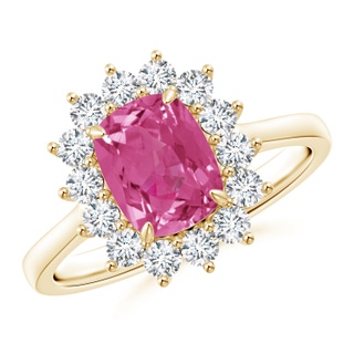 8x6mm AAAA Cushion Pink Sapphire and Diamond Floral Ring with Claw Set in Yellow Gold