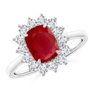 8x6mm AA Cushion Cut Ruby and Diamond Floral Ring with Claw Set in White Gold