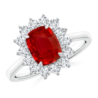 8x6mm AAA Cushion Cut Ruby and Diamond Floral Ring with Claw Set in White Gold