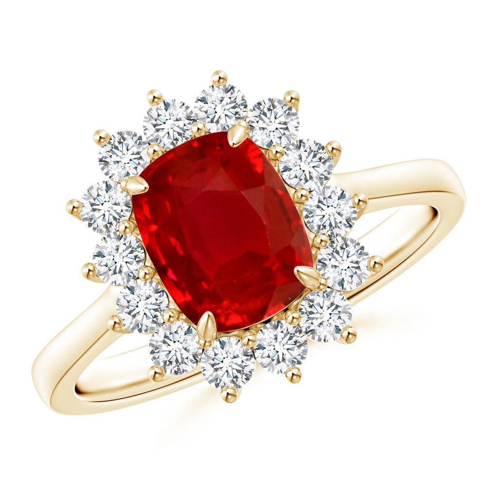 8x6mm AAA Cushion Cut Ruby and Diamond Floral Ring with Claw Set in Yellow Gold