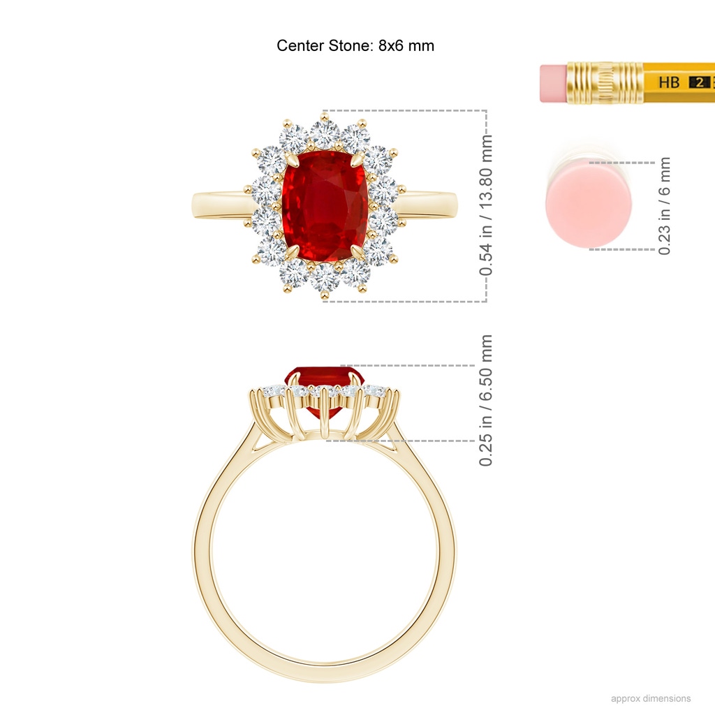 8x6mm AAA Cushion Cut Ruby and Diamond Floral Ring with Claw Set in Yellow Gold Ruler