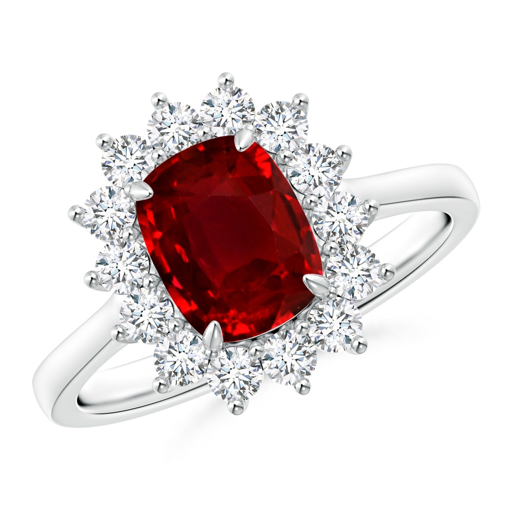 8x6mm Lab-Grown Cushion Cut Ruby and Diamond Floral Ring with Claw Set in White Gold