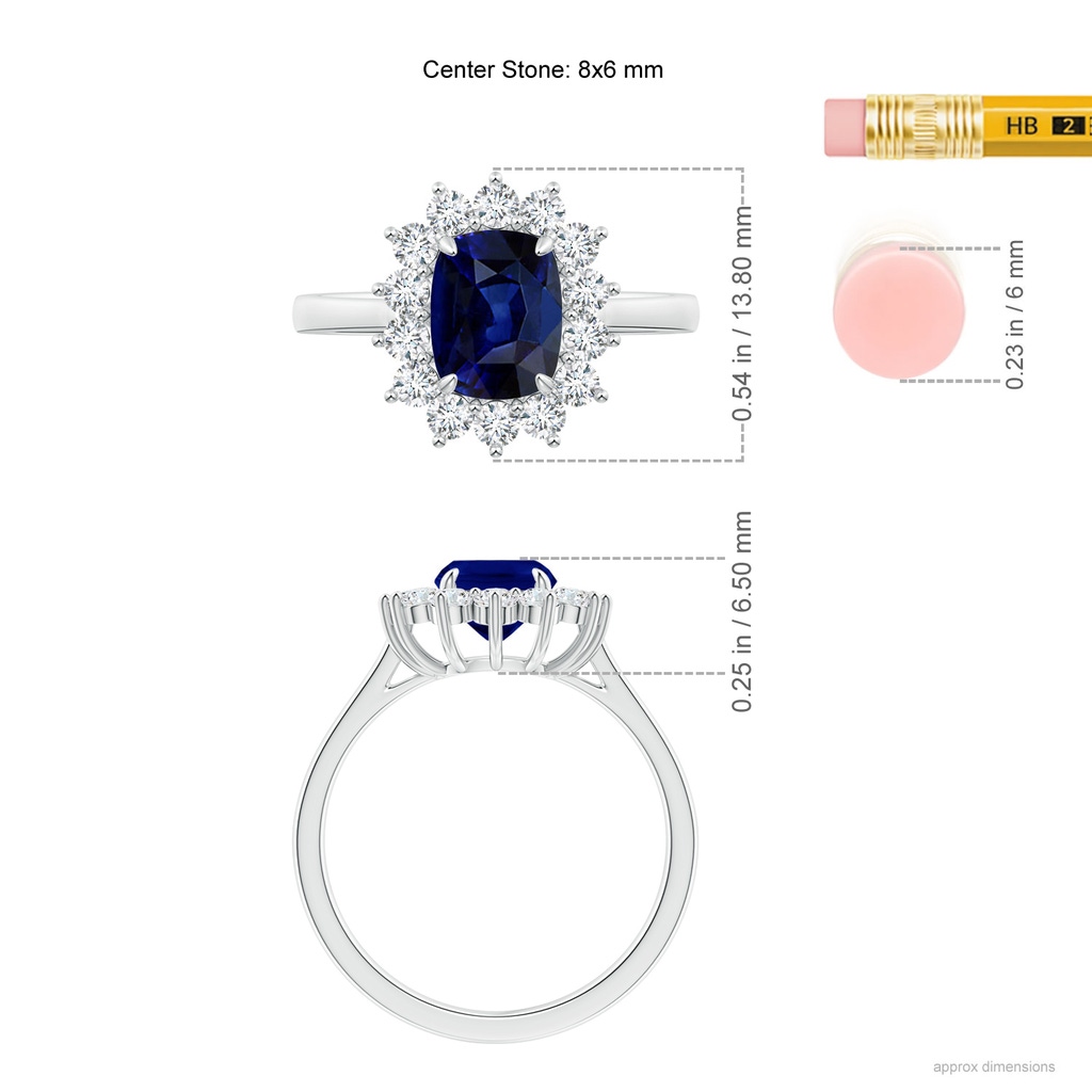 8x6mm AAA Cushion Sapphire and Diamond Floral Ring with Claw Set in White Gold Ruler