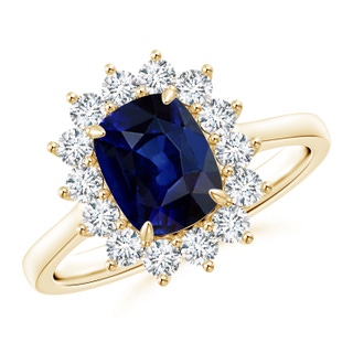 8x6mm AAA Cushion Sapphire and Diamond Floral Ring with Claw Set in Yellow Gold