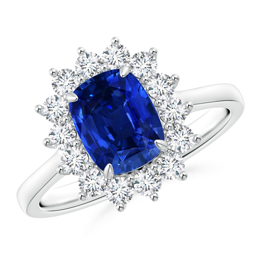 8x6mm Lab-Grown Cushion Sapphire and Diamond Floral Ring with Claw Set in White Gold