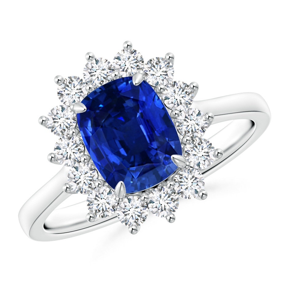 8x6mm Lab-Grown Cushion Sapphire and Diamond Floral Ring with Claw Set in White Gold 