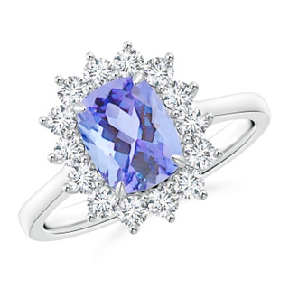 8x6mm A Cushion Tanzanite and Diamond Floral Ring with Claw Set in 10K White Gold