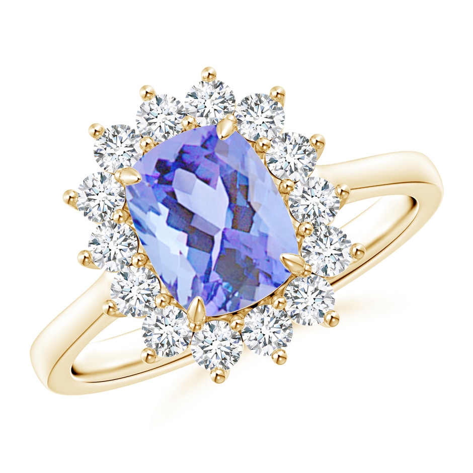8x6mm A Cushion Tanzanite and Diamond Floral Ring with Claw Set in Yellow Gold 