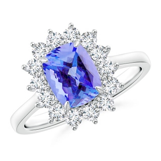 8x6mm AA Cushion Tanzanite and Diamond Floral Ring with Claw Set in White Gold