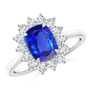 8x6mm AAA Cushion Tanzanite and Diamond Floral Ring with Claw Set in P950 Platinum