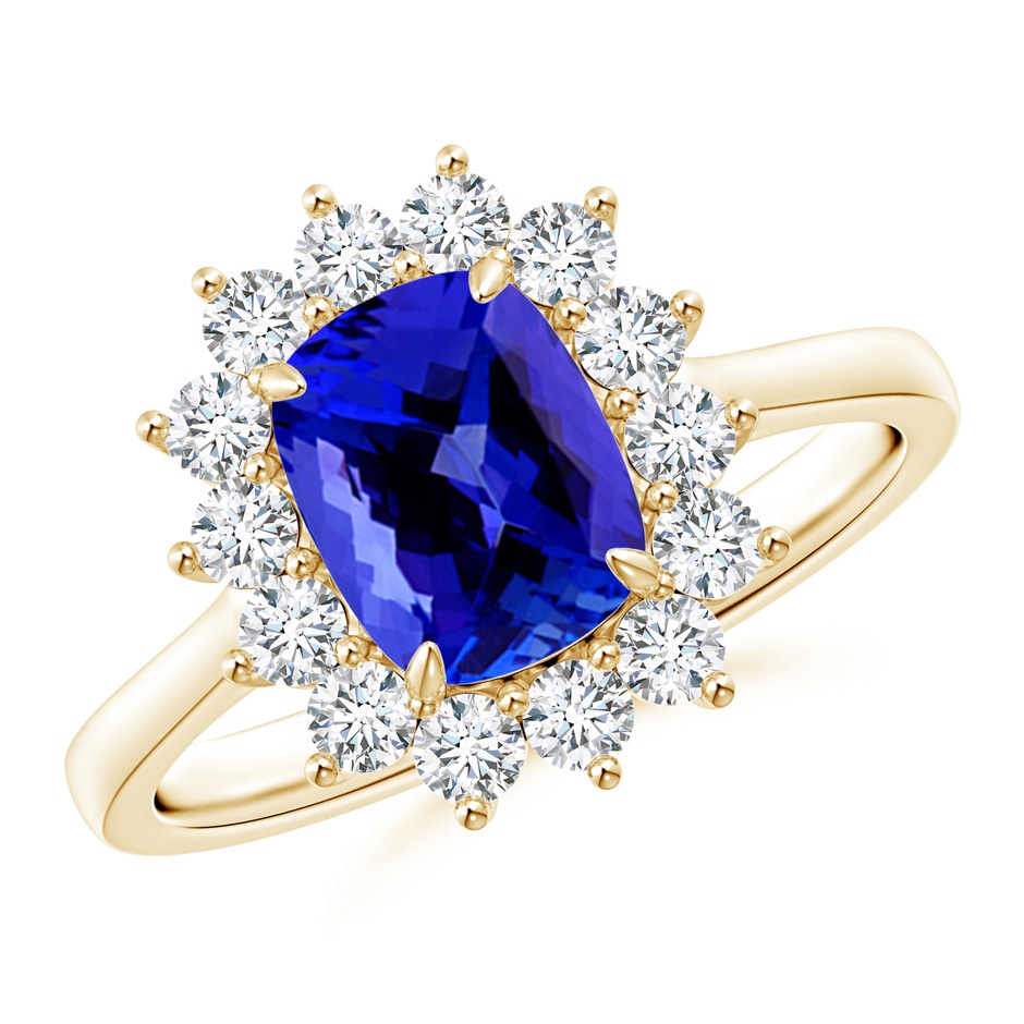 8x6mm AAAA Cushion Tanzanite and Diamond Floral Ring with Claw Set in Yellow Gold 