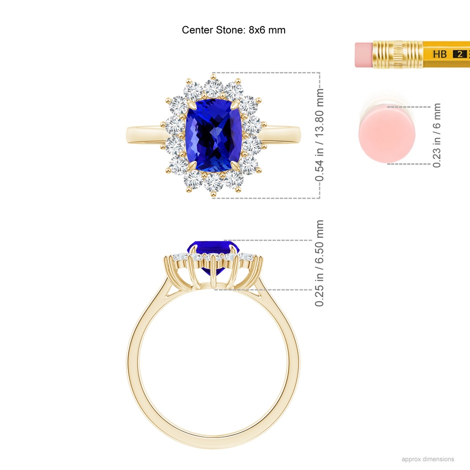 8x6mm AAAA Cushion Tanzanite and Diamond Floral Ring with Claw Set in Yellow Gold ruler