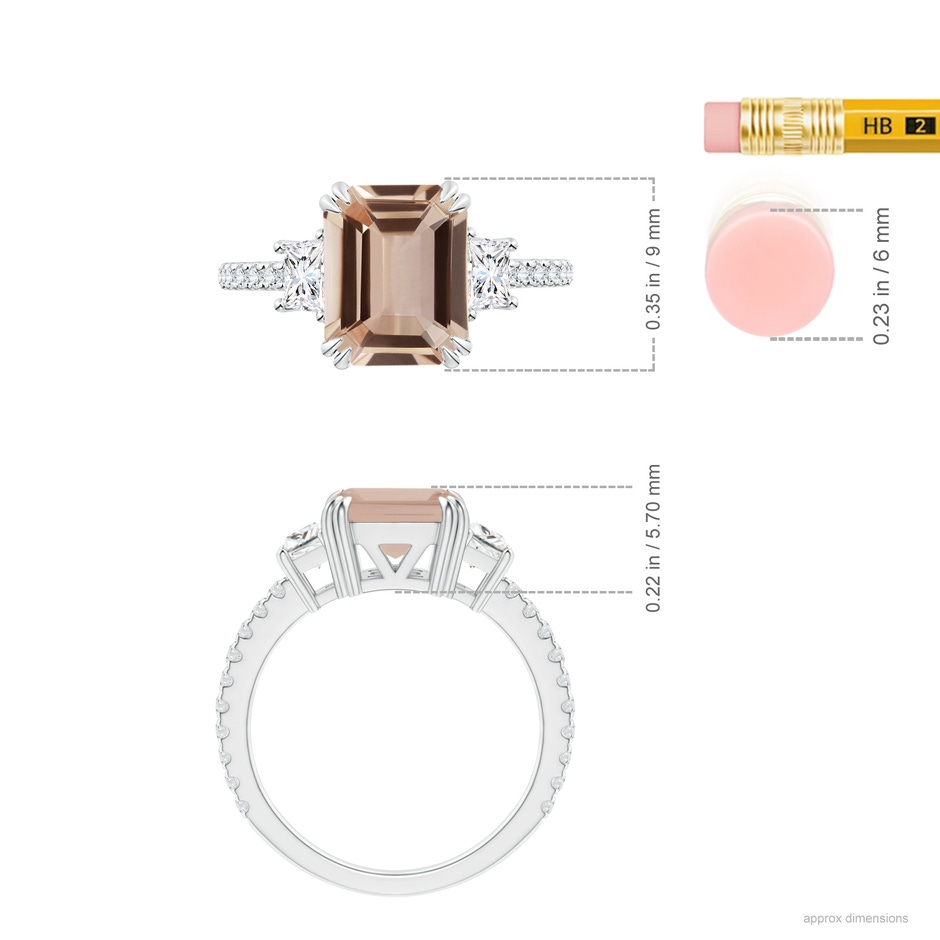 9.18x7.07x4.12mm AAA GIA Certified Emerald Cut Morganite Three Stone Ring in White Gold ruler