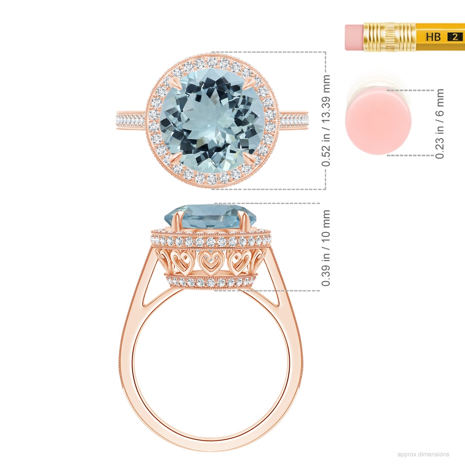 10.17x10.08x5.85mm AAA GIA Certified Aquamarine Cathedral Halo Ring with Milgrain in 18K Rose Gold ruler