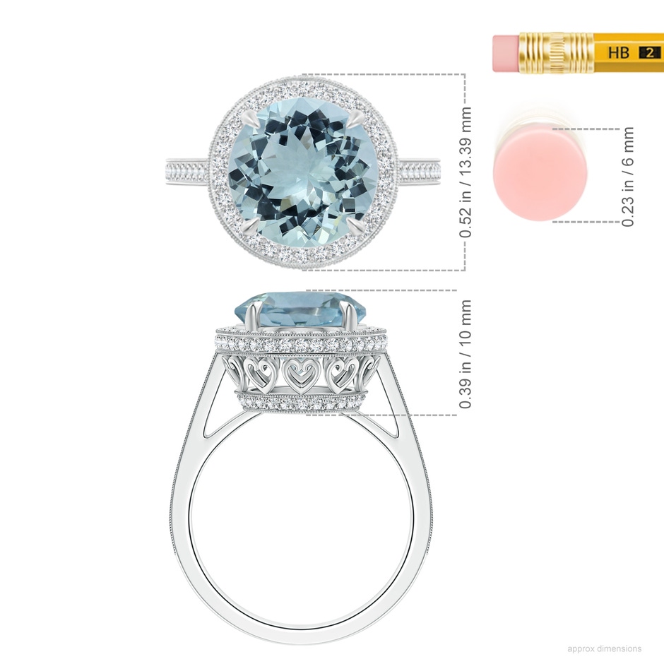 10.17x10.08x5.85mm AAA GIA Certified Aquamarine Cathedral Halo Ring with Milgrain in White Gold ruler