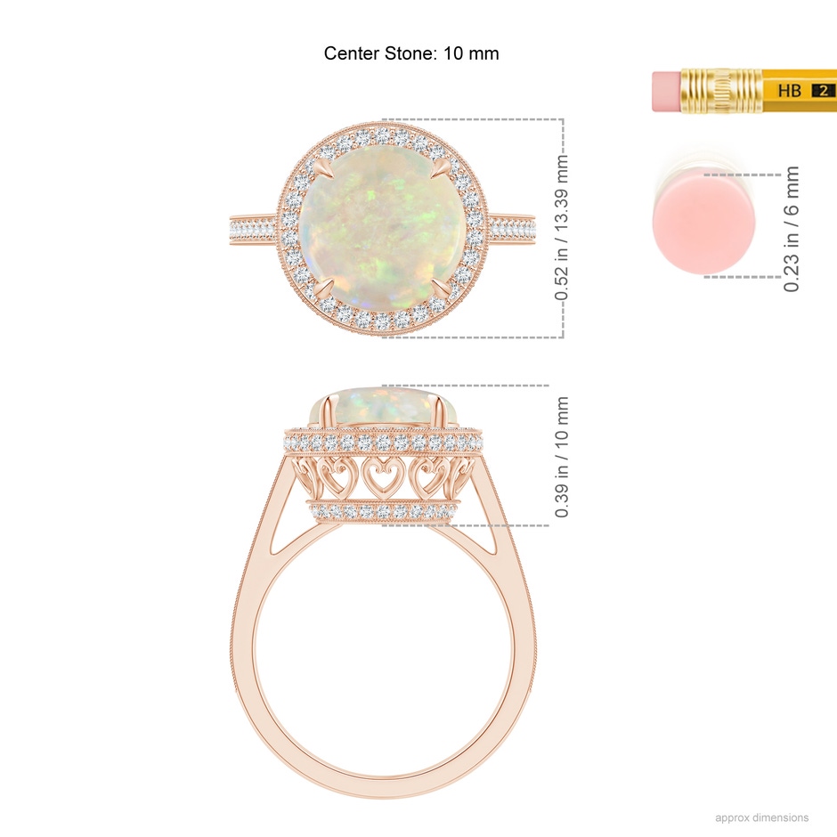 10mm AAA Cathedral Style Opal Cocktail Halo Ring with Milgrain in Rose Gold ruler
