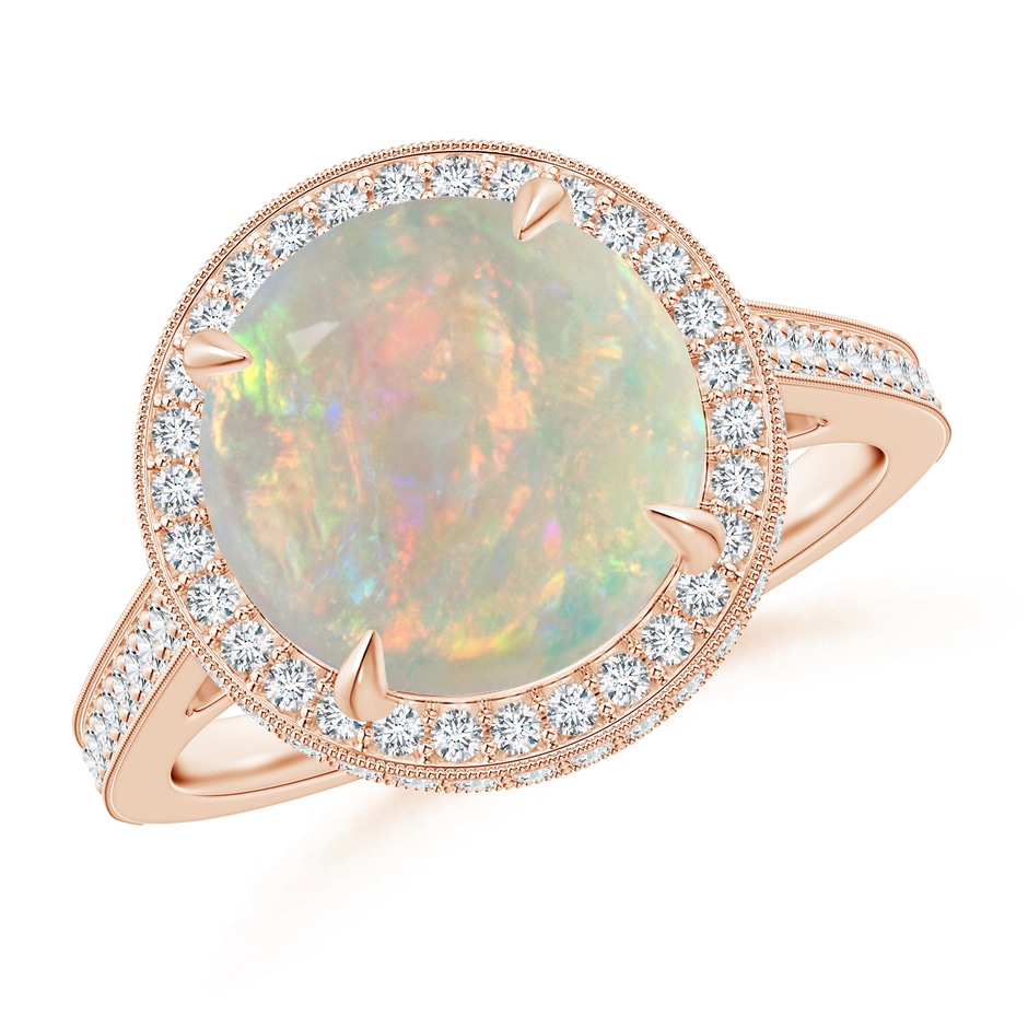 10mm AAAA Cathedral Style Opal Cocktail Halo Ring with Milgrain in Rose Gold 