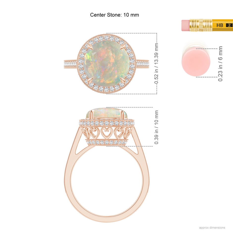 10mm AAAA Cathedral Style Opal Cocktail Halo Ring with Milgrain in Rose Gold ruler