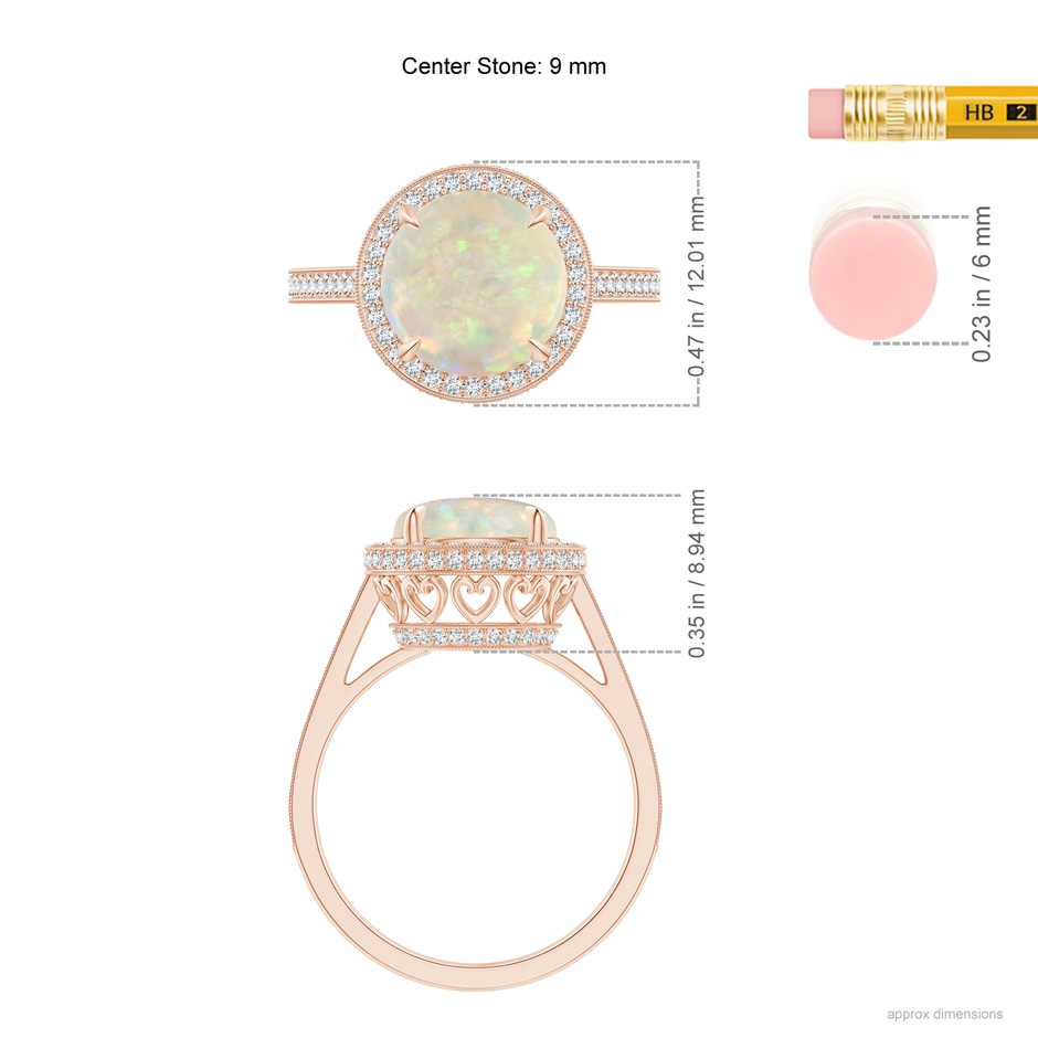 9mm AAA Cathedral Style Opal Cocktail Halo Ring with Milgrain in Rose Gold ruler