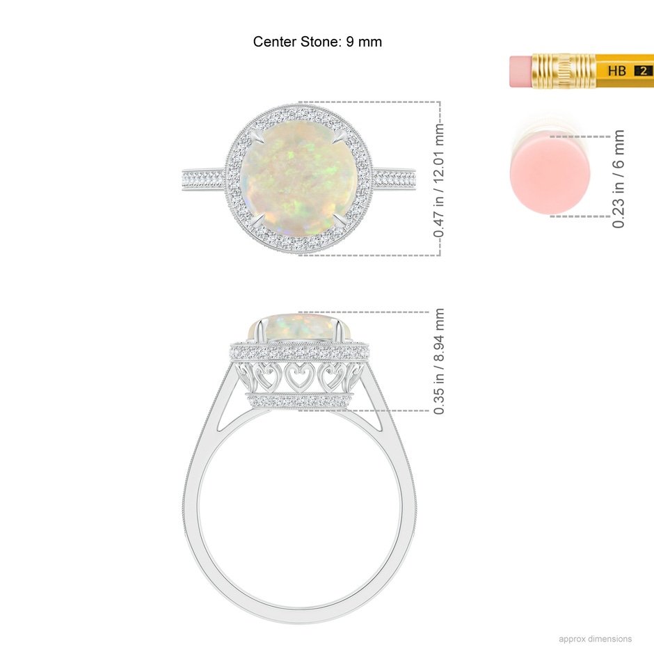 9mm AAA Cathedral Style Opal Cocktail Halo Ring with Milgrain in White Gold ruler