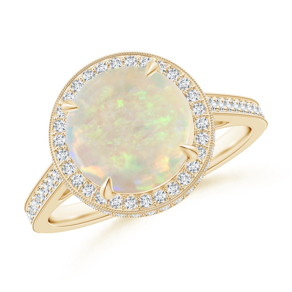 9mm AAA Cathedral Style Opal Cocktail Halo Ring with Milgrain in Yellow Gold 