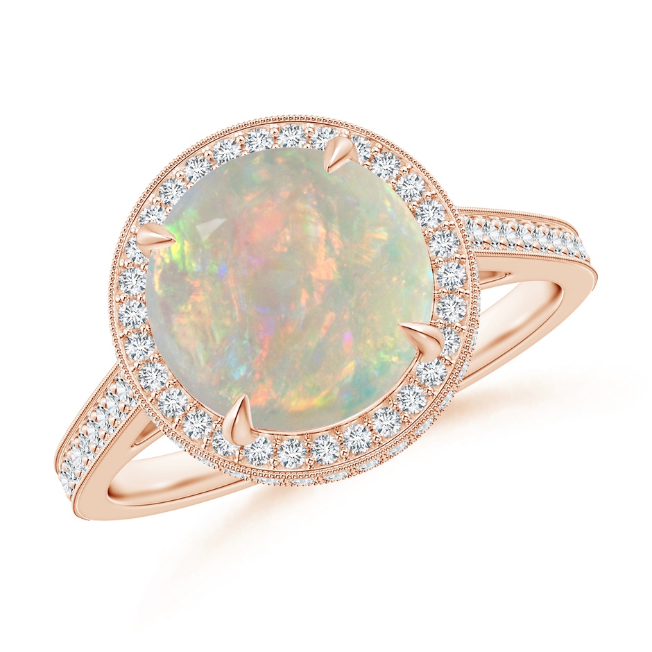 9mm AAAA Cathedral Style Opal Cocktail Halo Ring with Milgrain in Rose Gold 