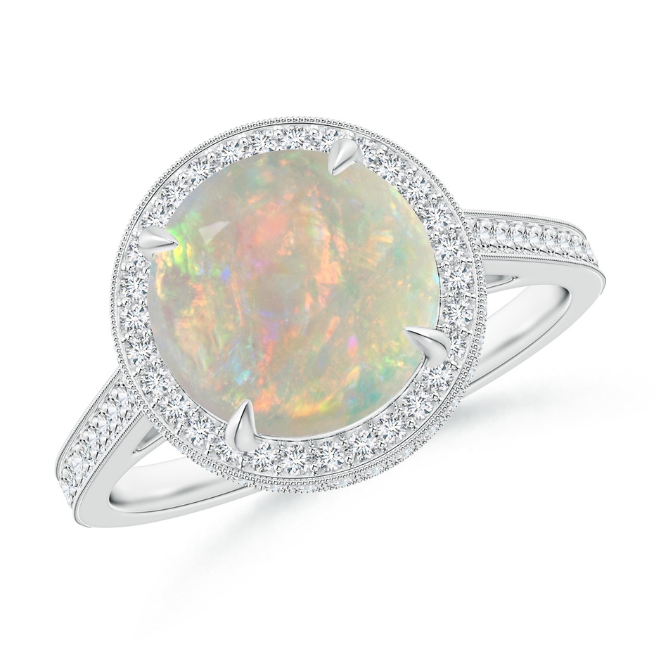 9mm AAAA Cathedral Style Opal Cocktail Halo Ring with Milgrain in White Gold 