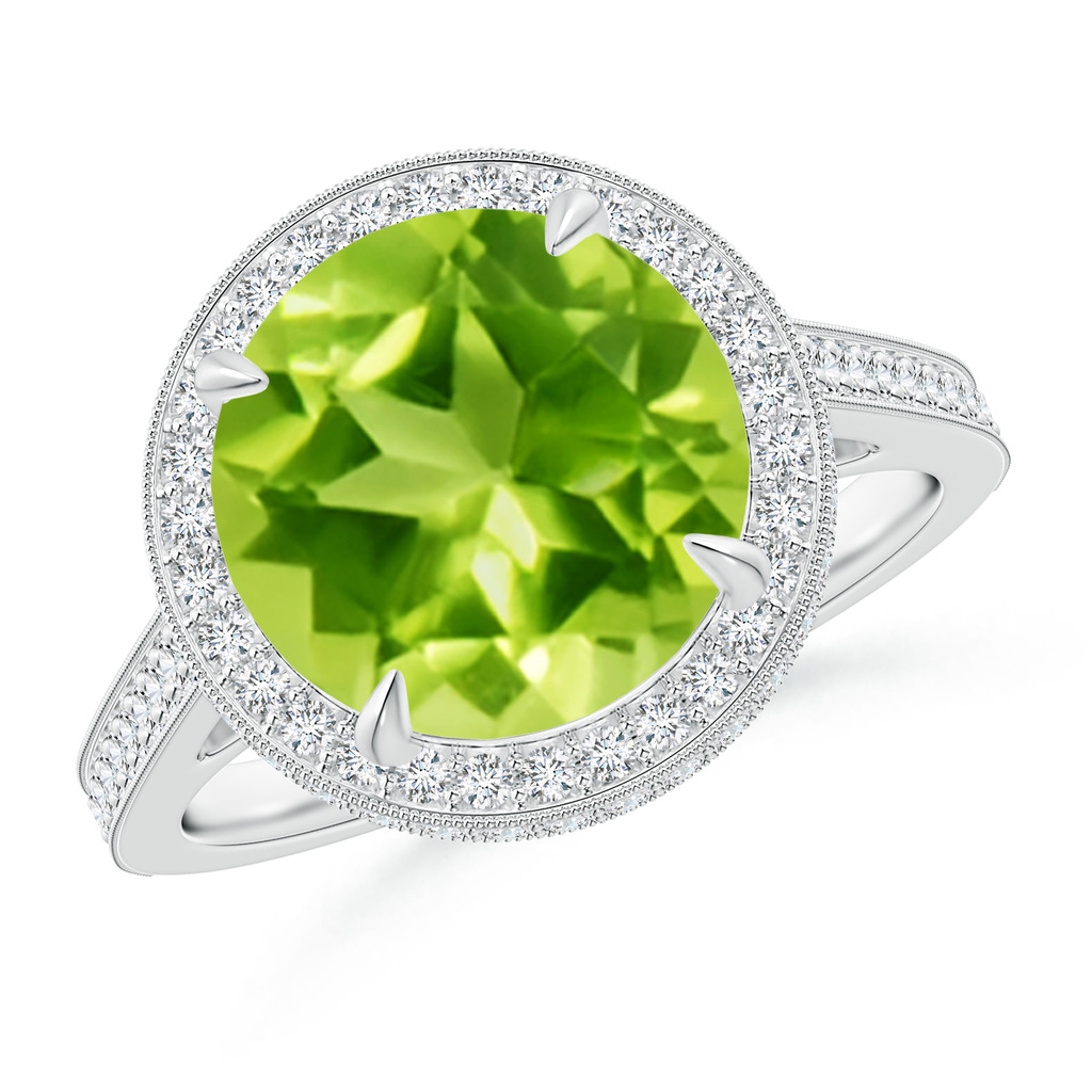 10mm AAA Cathedral Style Peridot Cocktail Halo Ring with Milgrain in White Gold