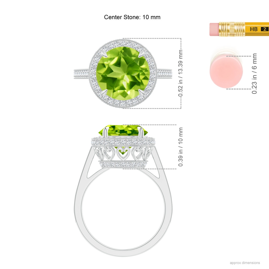 10mm AAA Cathedral Style Peridot Cocktail Halo Ring with Milgrain in White Gold Ruler