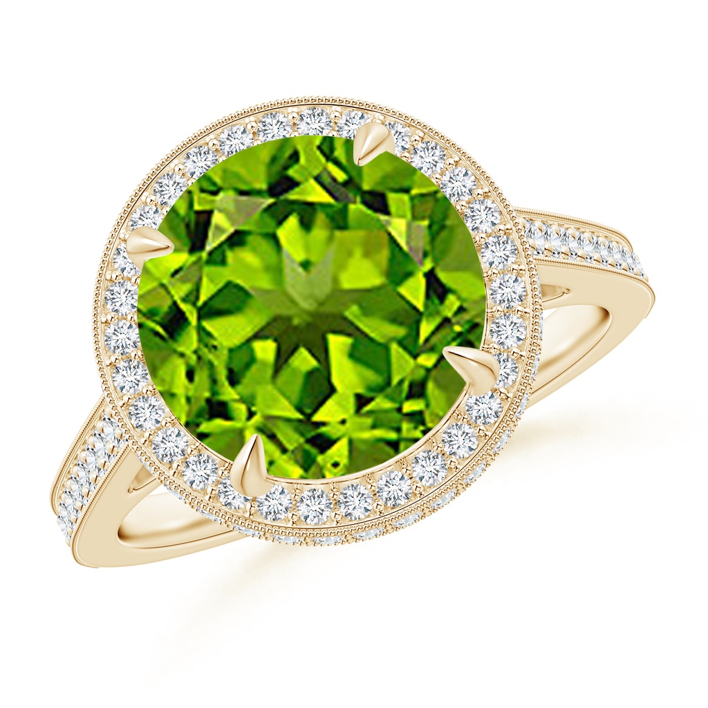 10mm AAAA Cathedral Style Peridot Cocktail Halo Ring with Milgrain in Yellow Gold