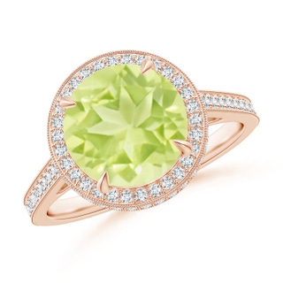 9mm A Cathedral Style Peridot Cocktail Halo Ring with Milgrain in Rose Gold