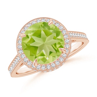 9mm AA Cathedral Style Peridot Cocktail Halo Ring with Milgrain in Rose Gold