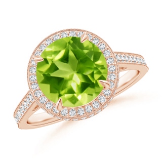 9mm AAA Cathedral Style Peridot Cocktail Halo Ring with Milgrain in Rose Gold