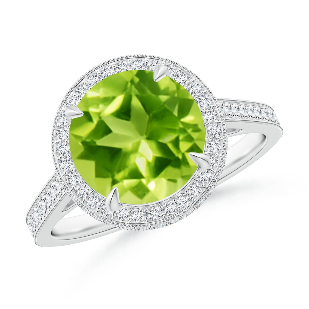 9mm AAA Cathedral Style Peridot Cocktail Halo Ring with Milgrain in White Gold