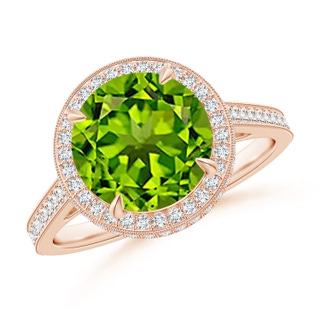 9mm AAAA Cathedral Style Peridot Cocktail Halo Ring with Milgrain in Rose Gold