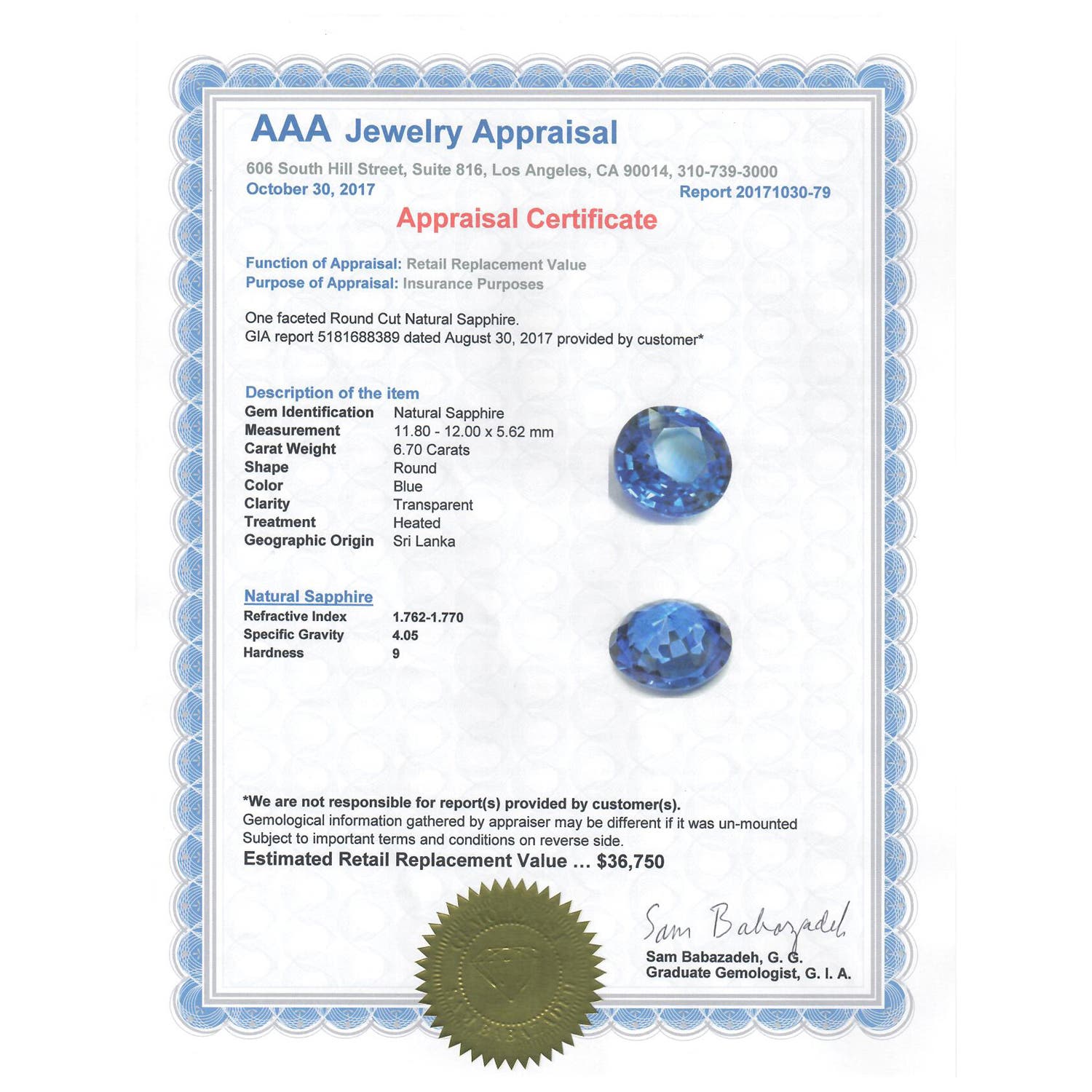 11.80-12.00x5.62mm AAA Round GIA Certified Ceylon Sapphire Split Shank Ring in Rose Gold - certificate