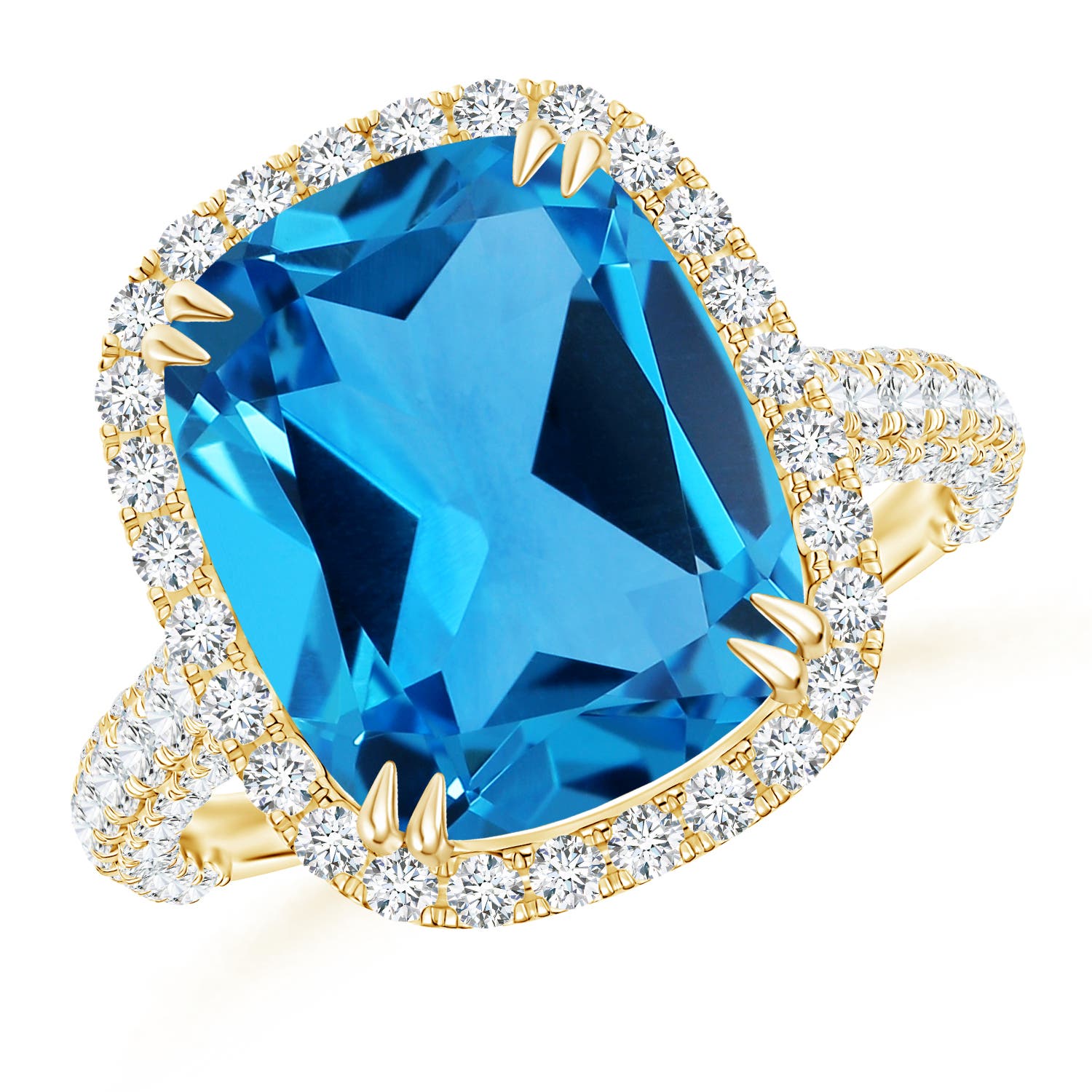 11.09x9.03x5.42mm AAAA GIA Certified Swiss Blue Topaz Halo Cocktail Ring in 18K Yellow Gold
