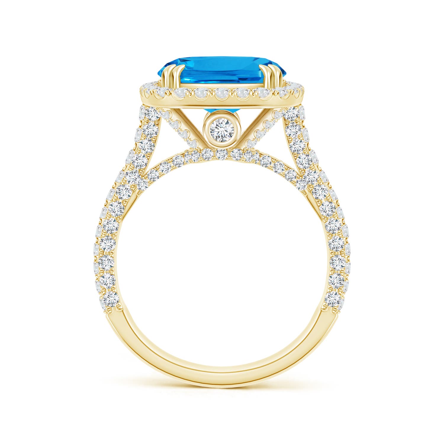 11.09x9.03x5.42mm AAAA GIA Certified Swiss Blue Topaz Halo Cocktail Ring in 18K Yellow Gold