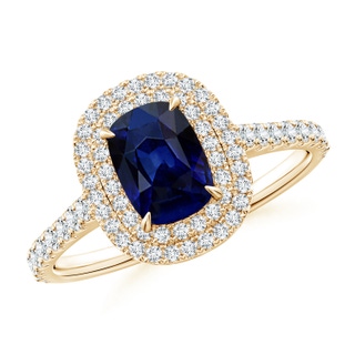 7x5mm AAA Cushion Sapphire Engagement Ring with Diamond Double Halo in Yellow Gold