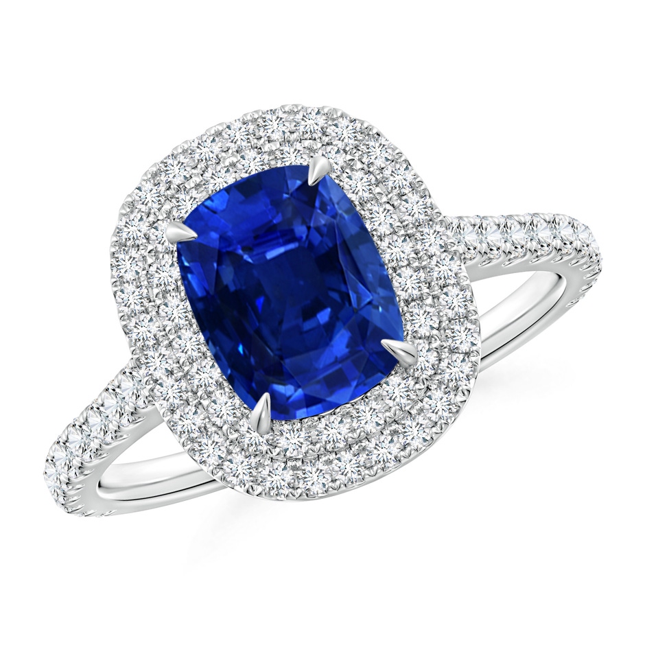 8x6mm AAAA Cushion Sapphire Engagement Ring with Diamond Double Halo in White Gold 