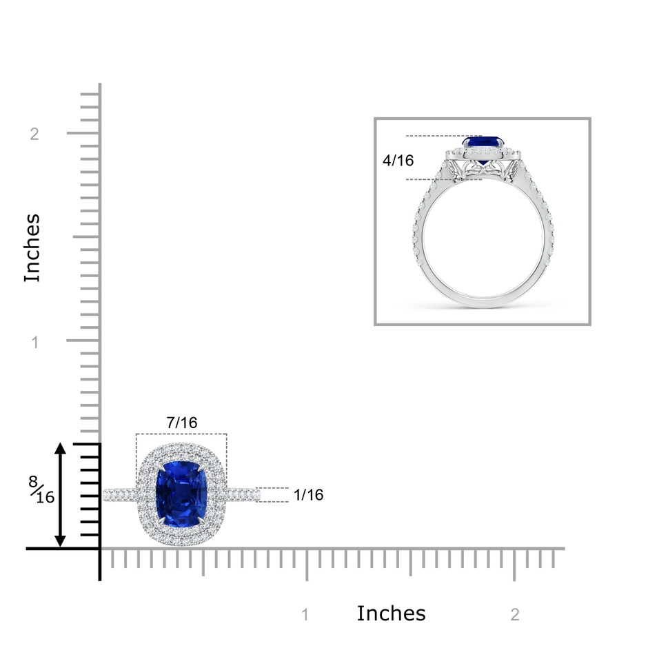 8x6mm AAAA Cushion Sapphire Engagement Ring with Diamond Double Halo in White Gold ruler